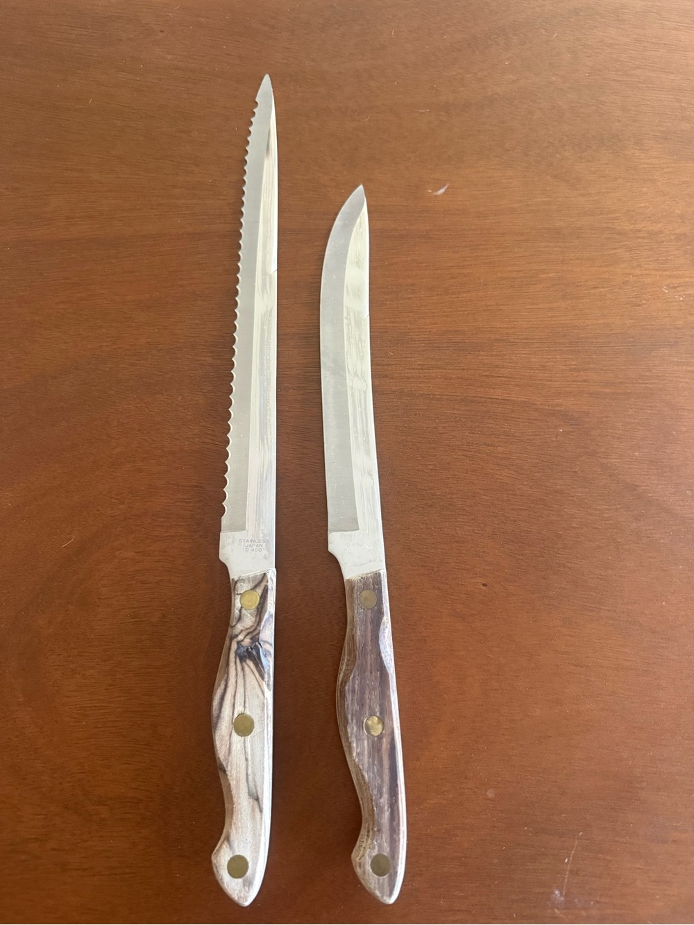 Vintage Japanese Wood Handle Carving and Serrated Kitchen Knives - Set of 2